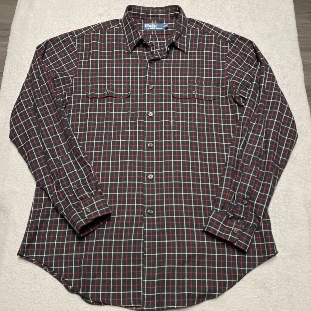 Polo‎ Ralph Lauren Flannel Shirt Mens Large Black Plaid GI Flap Pockets Outdoors